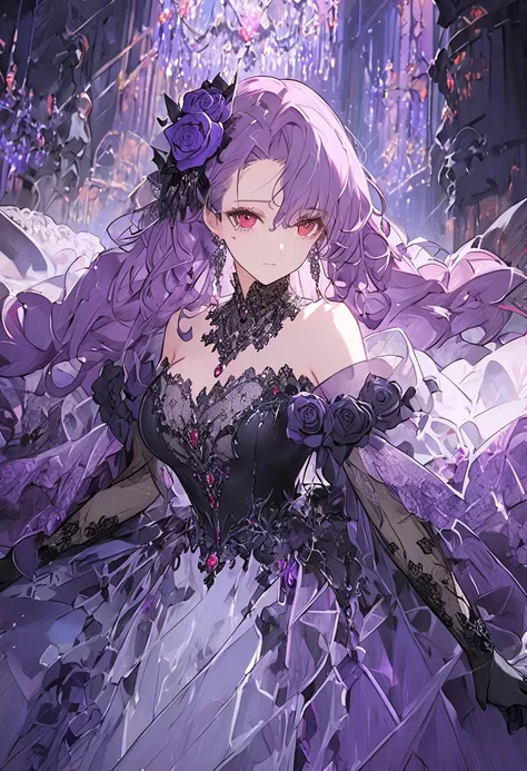  wavy, glossy purple hair 。 slightly raised crimson eyes 。 A beautiful figure that stings beautifully 、 looks like a large flower and gives a strong impression。。 perfect balance proportions 。 beautiful lace covering the décolletage 。Nape。Frills。Big Breasts...