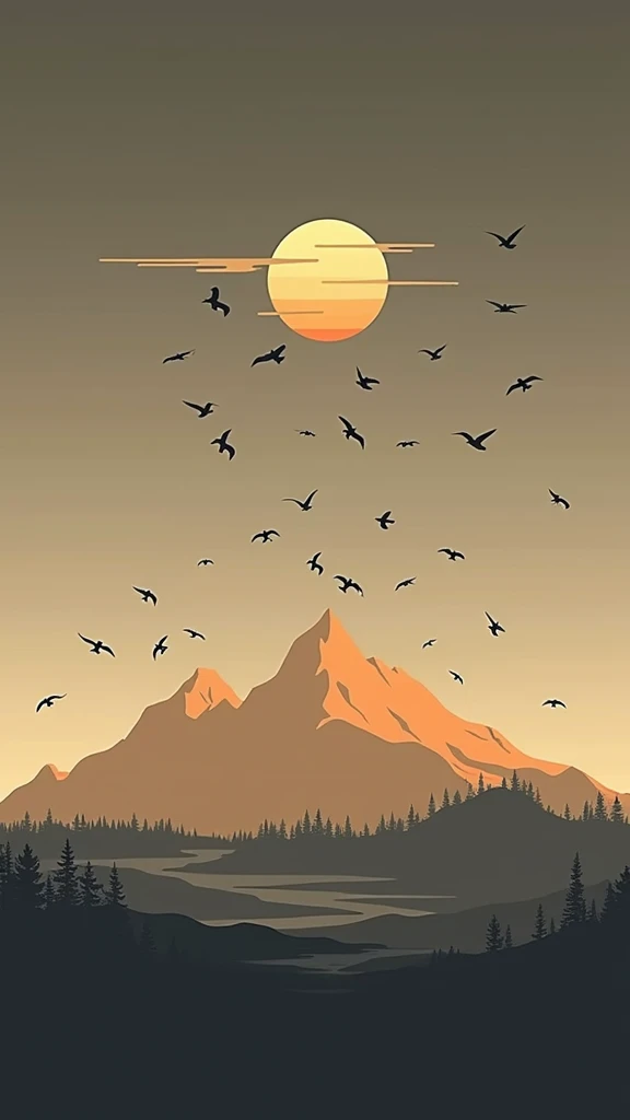 A stylized landscape at sunset.  A mountain range dominates the middle ground, with dark silhouettes against a warm, orange-toned sunset.  The sun is depicted as a large, circular orb with soft orange and amber hues, surrounded by a subtle halo effect.  A ...