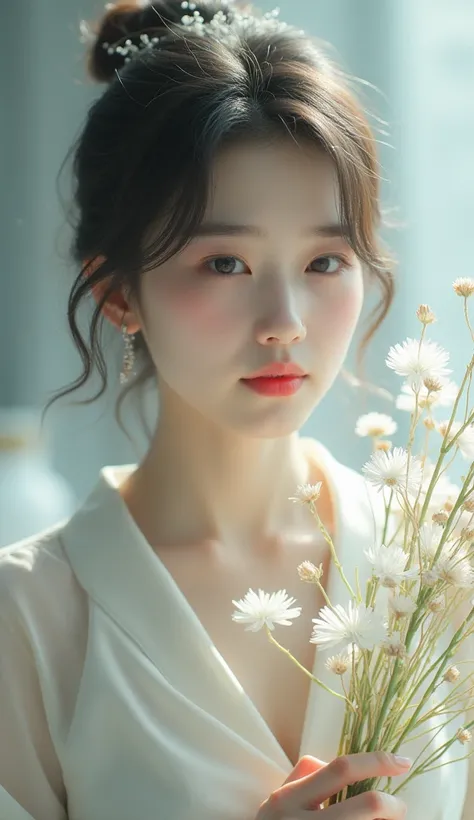 Figure fortune screen 1/8，Editorial Photography,Korean Girls Have Beautiful Faces and White Clarity ， super detailed background, Ultra-realistic , double exposure,Depth of Field, Beauty Ultra Slim And Slim While Holding A Withered Flower Video ,Soft_Focus ...