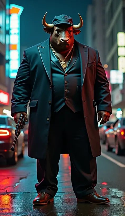 **Hybrid Version Prompt:**  
Create an image of a hybrid between a bull and a luxury gangster. The hybrid should have the muscular, oversized body of a mature, overweight, fearless man, with the skin, horns, and powerful physique of a bull. His face should...