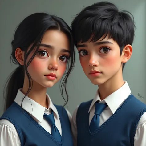 17year old indian realistic girl and boy wearing blue necktie vest