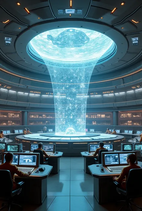 Create a futuristic sci-fi large space ship interior contractoll room with several computer system (round shape control room) huge 3d projecter center of the control room 