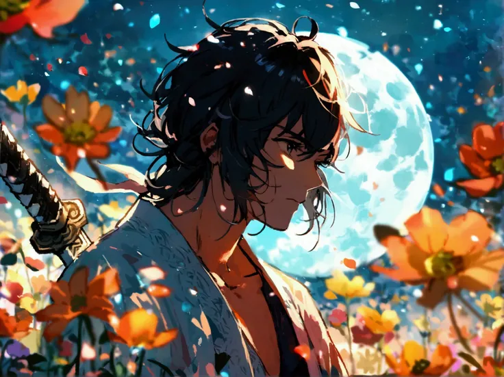  Kanao Tsuyuri in a flower field illuminated by moonlight,  his sword raised , ready to fight.  The calm and determined expression , with petals floating around ,  symbolizing your serenity and inner strength .