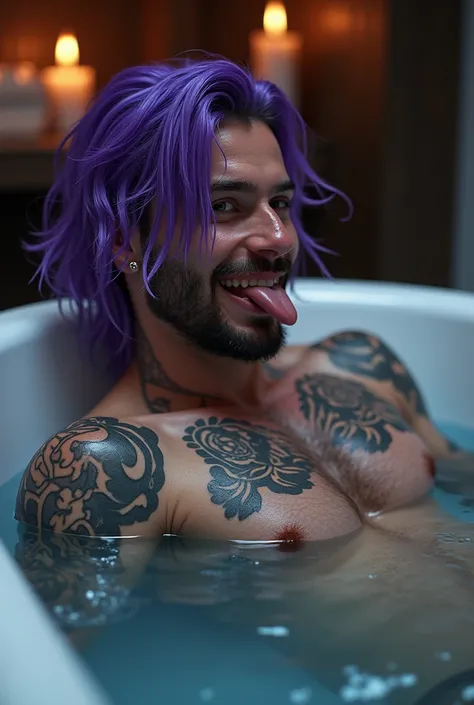 In a room in a tub  , there is a handsome man with vibrant purple hair , nose piercing ,tattooed,  who smiles and lies in a bathtub and speaks his tongue ,