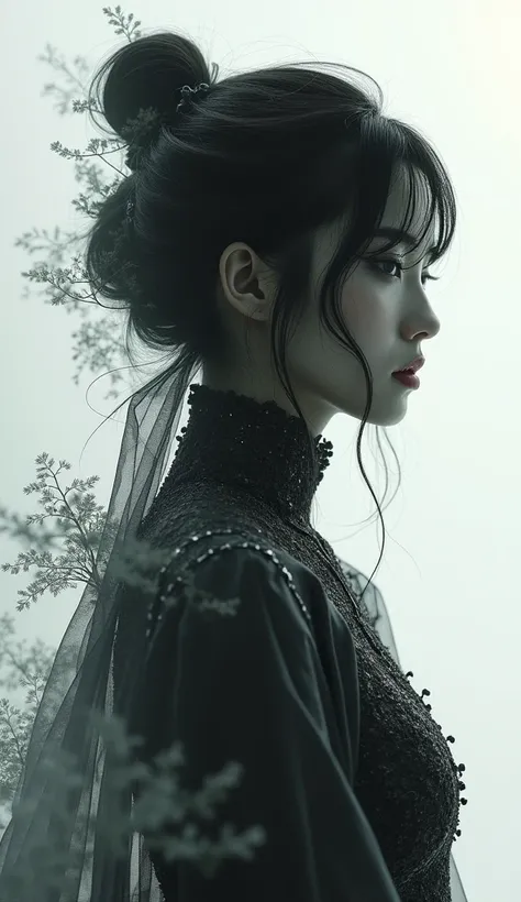 Figure fortune screen 1/8，Editorial Photography,Korean Girls Have Beautiful Faces and White Clarity ， A silhouette of a forest-filled queen evoking mercenaries  ,  double exposure,  clear lines ,  monochrome background, : ， dramatic , Macro photography， A ...