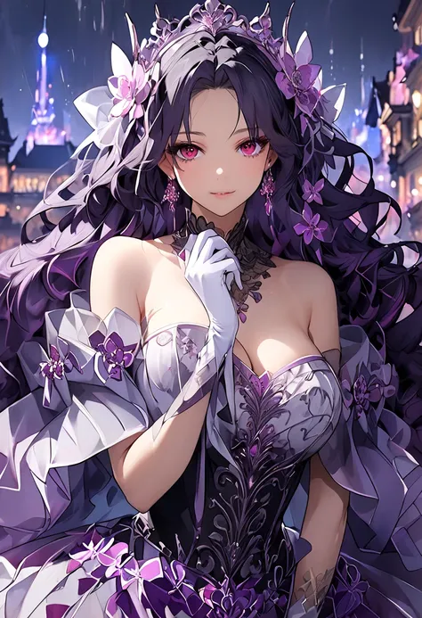  wavy, glossy purple hair 。 slightly raised crimson eyes 。 A beautiful figure that stings beautifully 、 looks like a large flower and gives a strong impression。。 perfect balance proportions 。 beautiful lace covering the décolletage 。Nape。Frills。Big Breasts...