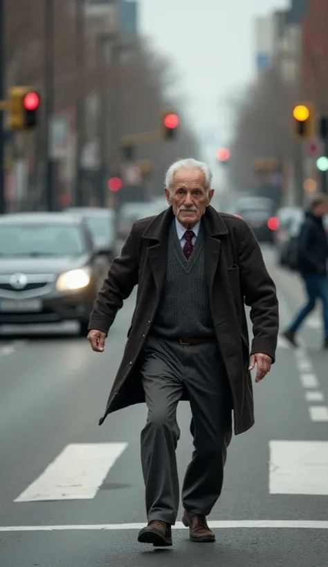 Create a dramatic and emotional image of an elderly man attempting to cross a street, with a car visible in the distance approaching. The elderly man, appearing frail and cautious, is halfway across the road, looking both determined and anxious. His face r...