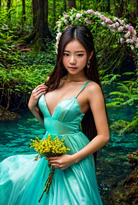 Please make me Professional photography cuoples romantis young person lovers:of a beautiful young woman of Asian and handsome manorigin soaking and valeting under deep  sea , she wears a beautiful dress queen like in a fairy-tale land with her hand held ov...