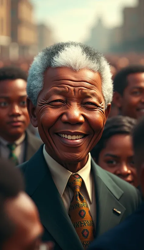 The image is a striking full-color hyperrealistic illustration featuring Nelson Mandela, smiling in front of a crowd of people. Sarcastic and funny image. Super resolution, super quality. Volumetric lights.
