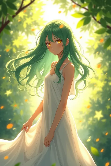  beautiful background, summer, warm light, swarthy anime girl with emerald hair and orange-yellow eyes,  in a white dress,  beautiful lighting 