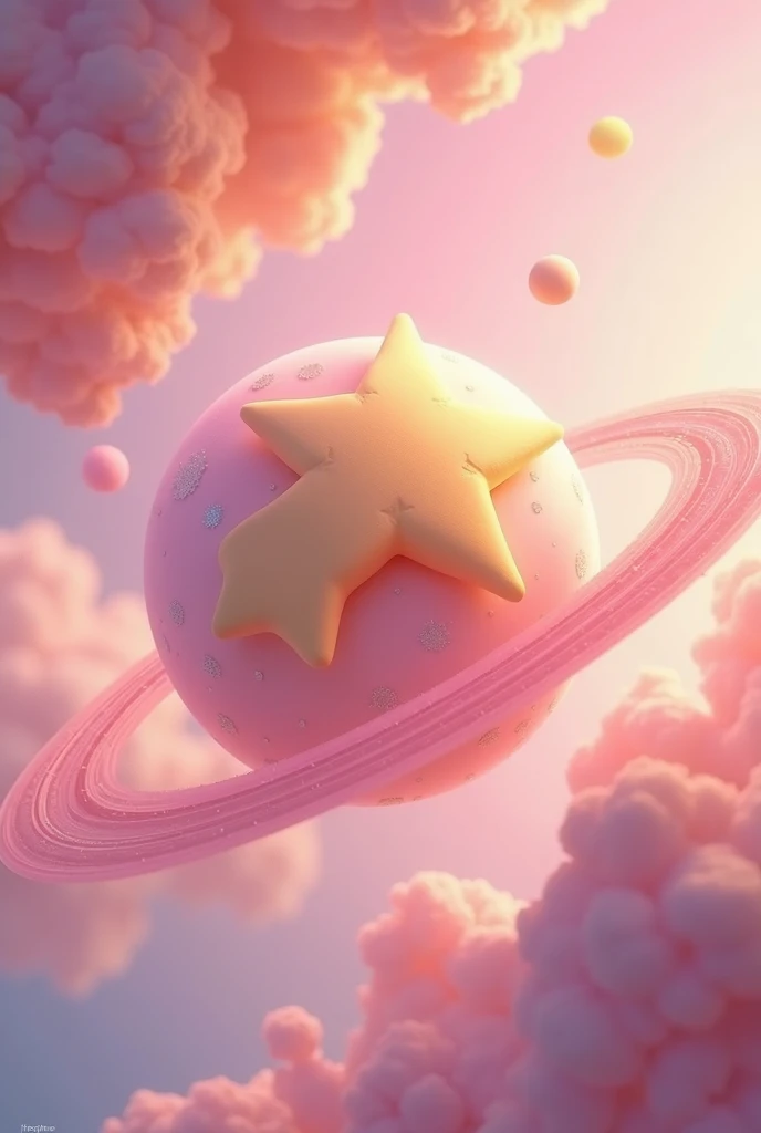 pink and yellow pastel colored  star shape planet with ring around it