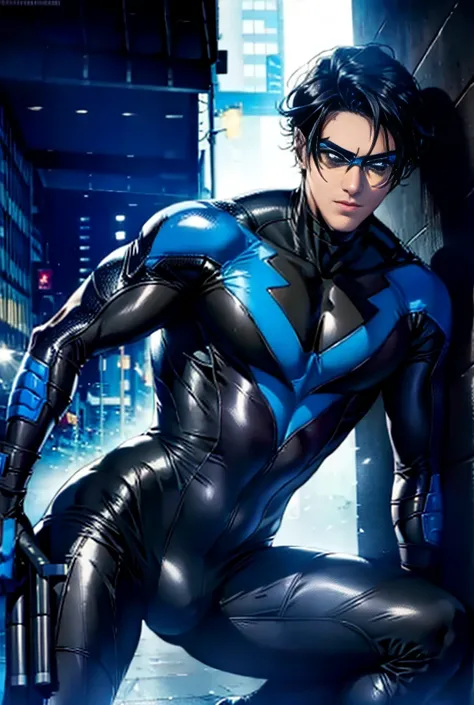 Nightwing Suit, Cute young man, Sexy Body, Tall, Shiny black hair, upright, 