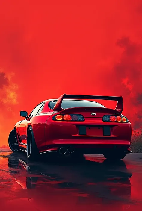 I want photo of Toyota Supra mk 4 and this cars photo scene should be backside of this car and its background colour should be red and mixtures of some  design. And top of the head of this photo write:- JDM legend.