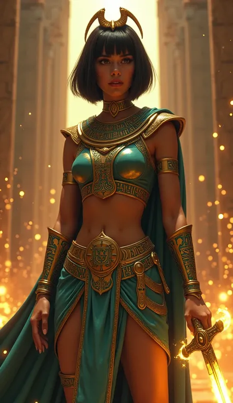 Appearance: Bronze skin, short, straight black hair with bangs, styled like ancient Egyptian royalty.

Armor: Gold and turquoise with hieroglyphic designs and a cobra-shaped headpiece. Her cape resembles the wings of Isis.

Weapon: A glowing khopesh (curve...