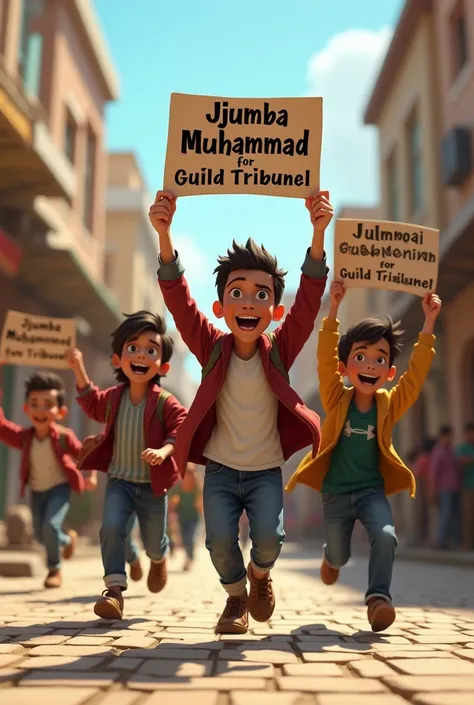 Generate for me a good picture of boys running from school in town holding placards with the word. “ JJUMBA MUHAMMAD FOR GUILD TRIBUNAL” 

Please provide the exact spelling that have given up there🙏🙏🙏