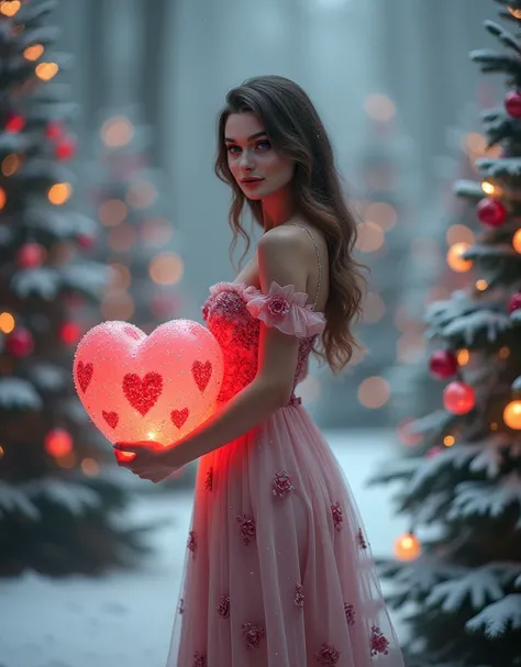 Portrait, Close up of the beauty, Looking to the camera, A fairytale Christmas scene in a foggy winter forest, where a beautiful lady stands gracefully. Snow blankets the ground, and frost-kissed trees surround her. She holds a glowing, oversized heart rad...