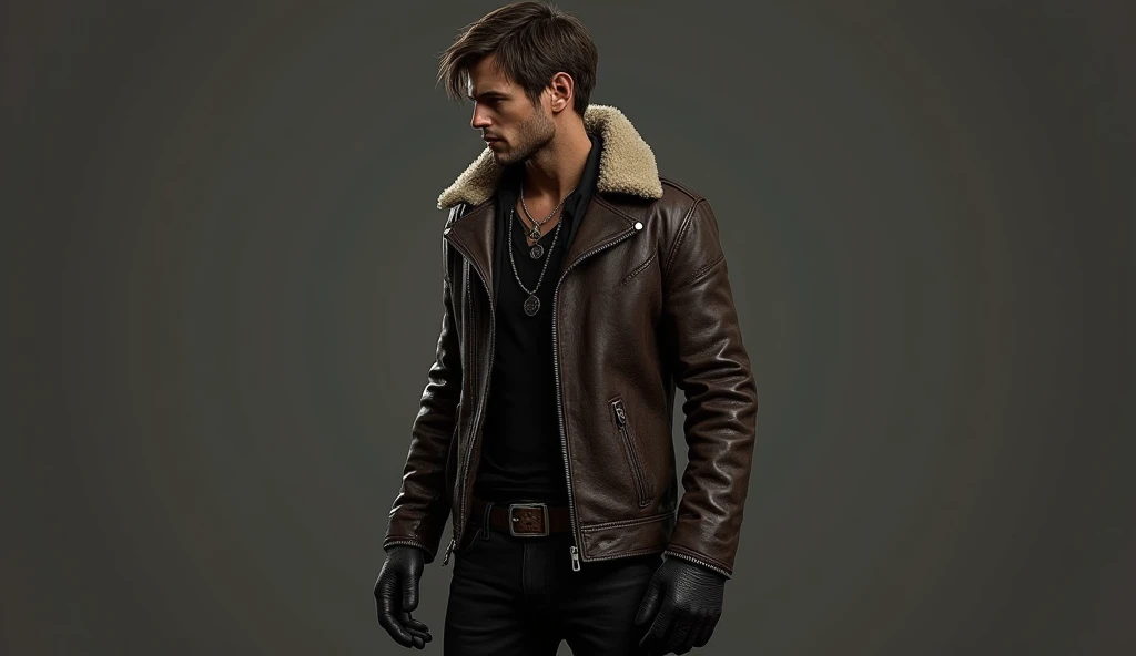 1boy, cowboy shot of re4leon, leather jacket with fur trim,  long sleeves, black jeans, volumetric lighting, athletic, best quality, masterpiece, intricate details, tonemapping, sharp focus, hyper detailed, trending on Artstation, looking at viewer, realis...