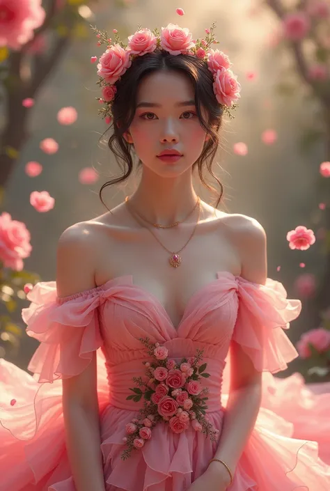  Beautiful woman with rose dress, rose accessories 