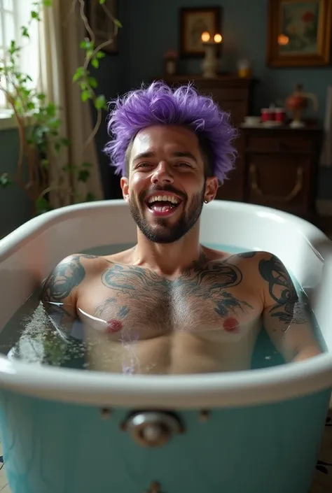 In a room in a tub ,  there is a handsome man with short hair cut in vibrant purple waves,  nose piercing , tattoos, Smiling and lying in a bathtub with his tongue sticking out  