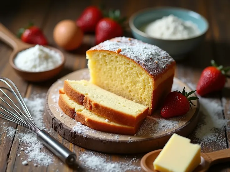 Tightly focused close-up of a detailed sponge cake elegantly arranged on a rustic wooden tray. Surrounding the cake are key baking ingredients such as sifted flour, whole eggs, granulated sugar, and creamy butter, artistically scattered to convey the bakin...