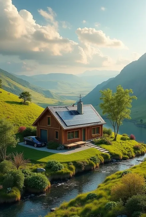 a beautiful wooden house next to a stream in a hills facing a beautiful plain on the horizon, installed solar panels and a Starlink antenna, a parked sedan car, detailed house, detailed landscape, idyllic landscape, detailed trees and nature , sunlight, ph...