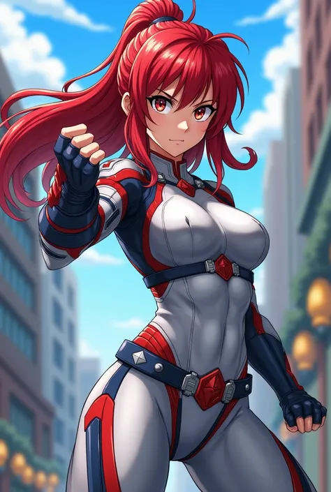 My Hero Academia Style , Anime girl, female, young female ,Full Body Shot,(fighting stance:1.3),Long hair, Red Hair,  Brown Eyes,Hero Suit, Full Body Suit, Silver suit with Red and Blue details,perfect anatomy,  Toughened Abs,super detailed,(Buildings:1.2）