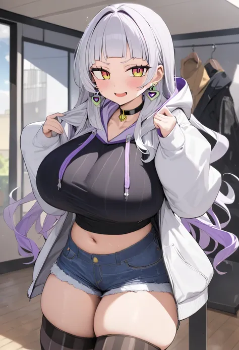 ( top quality , 8k, masterpiece),　 girl、young、Idol、1 person、 murasaki shion, 、 hololive ,Silver Hair  , Big Breasts ,smile、 like heaven、 red cheeks 、Tanimachis emphasis 、A rich variety of skin tones  , (  hoodie, ultra short denim shorts , thigh-high socks...