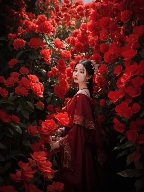  WOMAN IN A RED DREAM ， Surrounded by red flowers in a red dream world {x}, fine art Fashion Photography,  PHOTOGRAPHY , Portrait photography, Inspired by Lan Ying, high Fashion Photography, Queen of China, Chinese Princess, sha xi, foto de moda premiada, ...