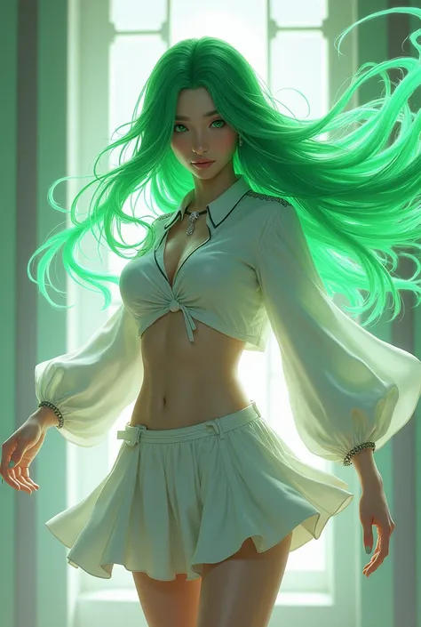 Green-haired woman, wears a white short shirt wears a short skirt in white wears shoes Ninja shoes a purplish white color has the wings of a Ninja