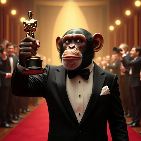 A well-dressed chimpanzee holding up an Oscar。