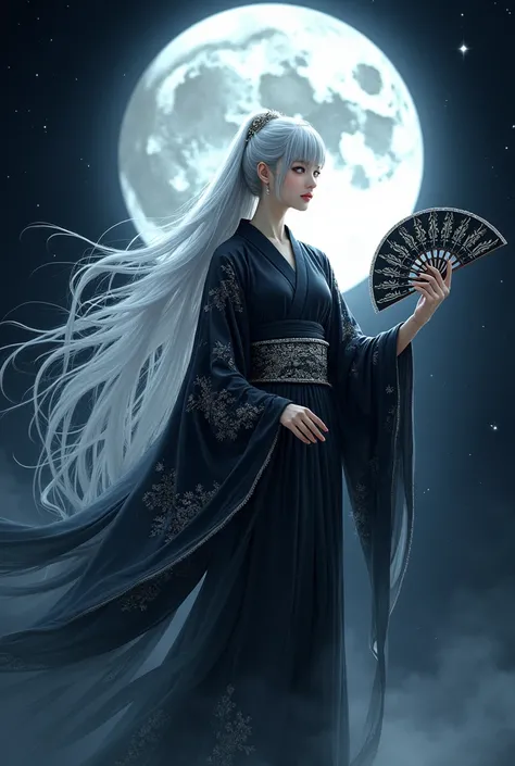 A Japanese moon goddess , silver haired,  White eyes,  wearing a long black kimono with silver details,  holding an uchiwa in her hand ,  hanging on a dark night  