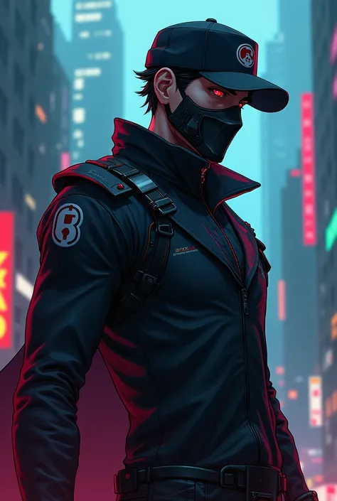 A tall badasses anime boy with mask and cap.