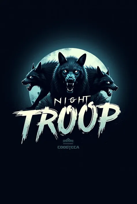 Create a round esport logo that says NIGHT TROOP with an image of scary wild animals in the style of gravity writing