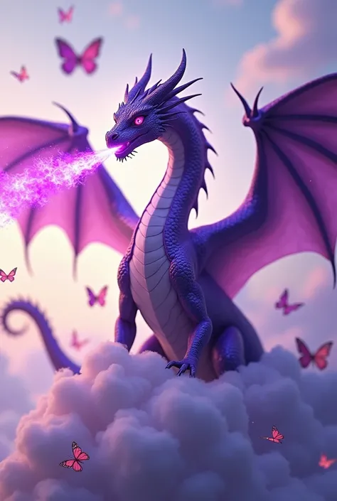 4-winged purple dragon, spraying purple fire, standing on a light purple cloud, surrounded by butterflies