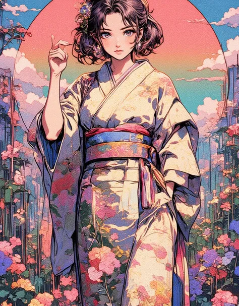 Woman wearing a Japanese yukata. Chillwave, Groovy retro vibes, Love and Peace, Girl Portrait and Flowers, A checkerboard with perspective adds depth, Colorful Psychedelic Floral, retro futuristic, flat Illustration, Electro Madness, ArsMJStyle, Oil Pastel...