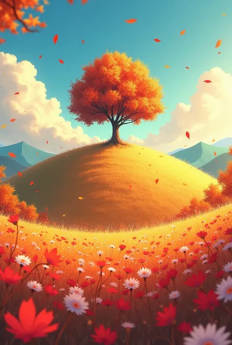 A landscape in the afternoon with red and white carnations, the season is autumn and the hill has a tree on top of the hill "like Ponnys hill in Cancdy Candy) 