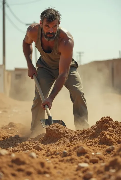 Man carpeting dirt with a shovel