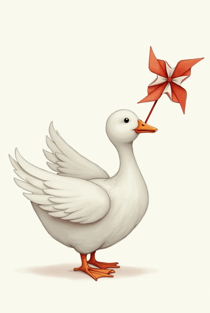 A simple drawing of a cute white duck blowing on an origami windmill, ultra detailed, absolutely resolution, masterpiece