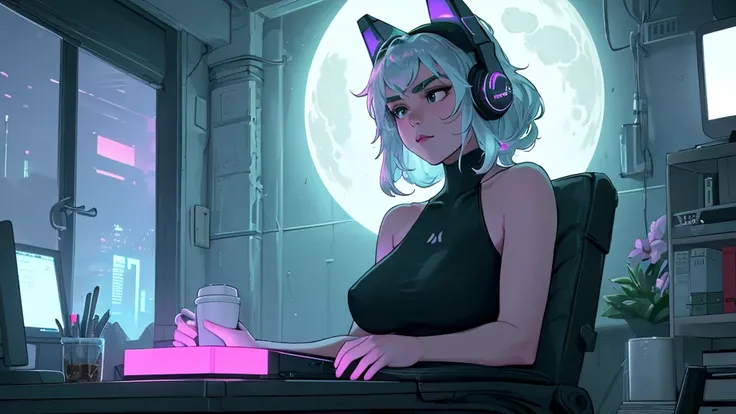 "A woman with a well-endowed figure, sitting at a modern desk with her hands poised over the keyboard, actively typing lines of code on the glowing computer screen. Her expression is one of intense concentration, her brows slightly furrowed as she focuses ...