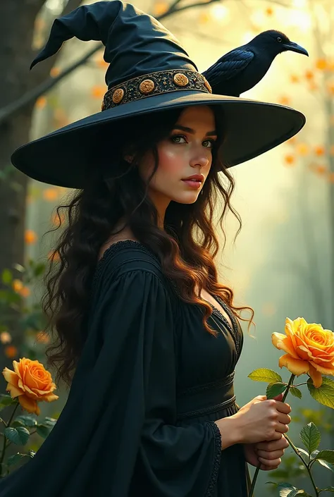 (masterpiece), best quality, expressive eyes, perfect face, hat, witch_hat, bird, flower, 1girl, rose, crow, tree, long_hair, witch, golden_flower, solo, gold_rose, full body