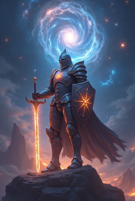 Create a man,  best quality , knight, End of the Universe , Galaxy, signs, horoscope, sword and shield,  constellation armor,BOSS FINAL , rpg, espada de Galaxys, galaxy armor 