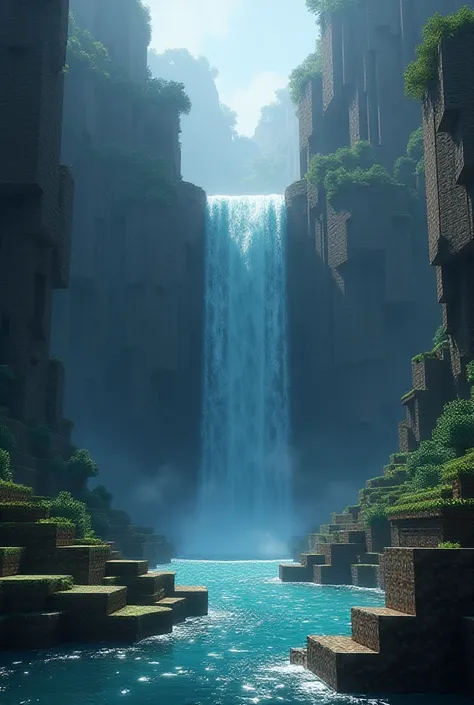  Create a landscape based on the Minecraft ,  game style this landscape must have a waterfall and giant stones around it, It should look like the water flowing in the waterfall  