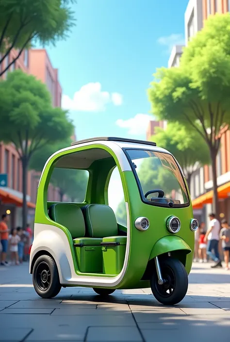 An electric rickshaw (e-rickshaw) in a vibrant urban setting, designed with a sleek modern look. The rickshaw has bright green and white colors, showcasing eco-friendly features. The vehicle has a curved roof, cushioned seats, and a solar panel on top for ...