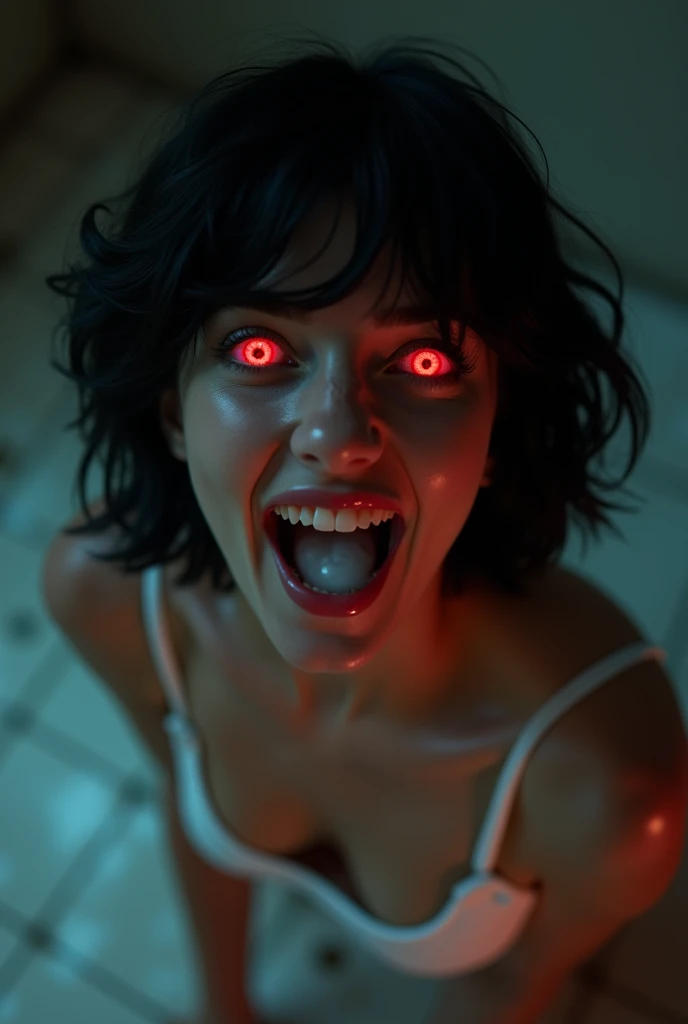 female toned  woman, mouth very wide open and smiling, eyes open, short black messy bobcut silky hair , ((((( glowing red eyes ))))),  (((( mouth full of milk )))) , , extreme skin detail, photorealistic, 8k, wallpaper, kneeling on floor, ((((( night time ...