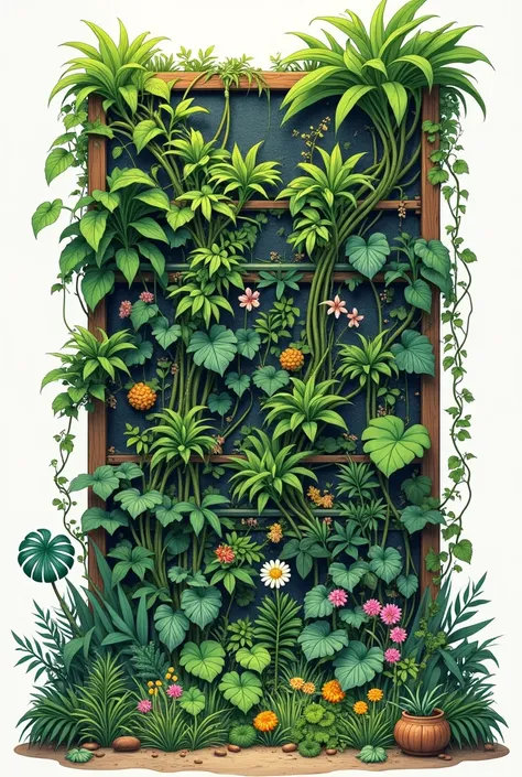 Illustration of diverse plants with scrog screen limiting plant height 