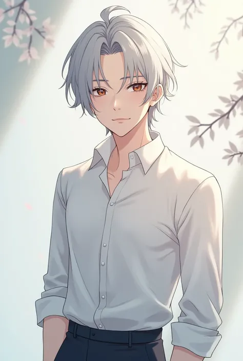 A cute, anime-like male character with silvery hair that reaches slightly below the shoulders and has a neutral feel