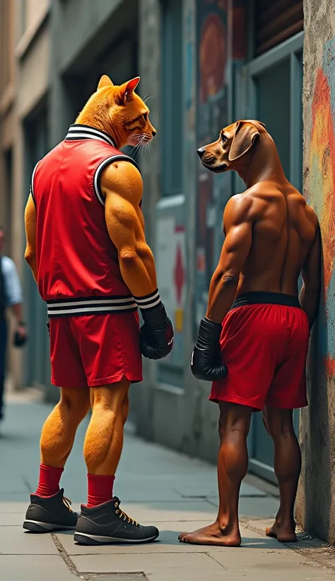 Create realistic images MUSCLE ADULT ORANGE CAT IN RED SHORTS AND RED JACKET and DOG MUSCLE BROWN ADULT IN RED SHORTS AND WEARING A SWEETER looks at a boxing tournament poster on a city wall.
Create images consistently