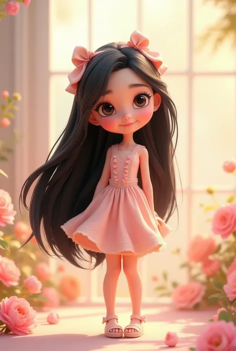 on a white background " A  in 3D style inspired by Pixar and Disney animations ,  with a full body. With a beautiful little shoe She has long black hair,  with smooth and shiny bows ,  with a touch of naturalness and movement . Your face is sweet and expre...