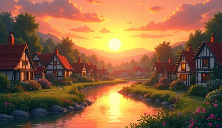  lit by soft lights at sunset,  a peaceful town . Houses ,  gardens and a slowly flowing stream . Draw in animation style but realistic.