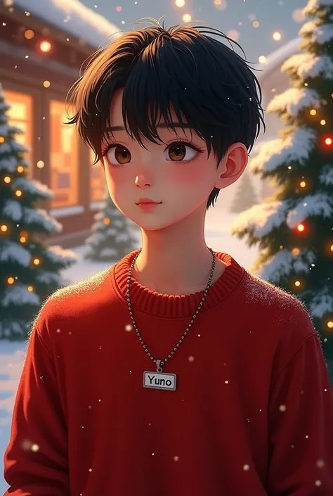 4x4 picture size Korean teenage  Boy with Red sweater and necklace name tag Yuno in christmas